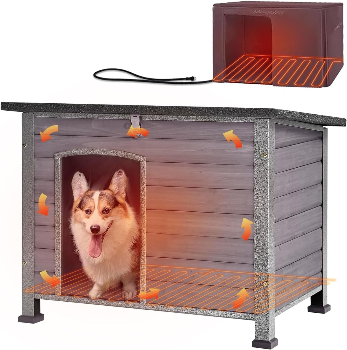 Heated Dog House Outdoor Insulated Dog Kennel with Heater, Durable Metal Frame, Chew-Resistant Cord, 6-Sided Thermal Liner, PVC Door Curtain for Winter (Grey)