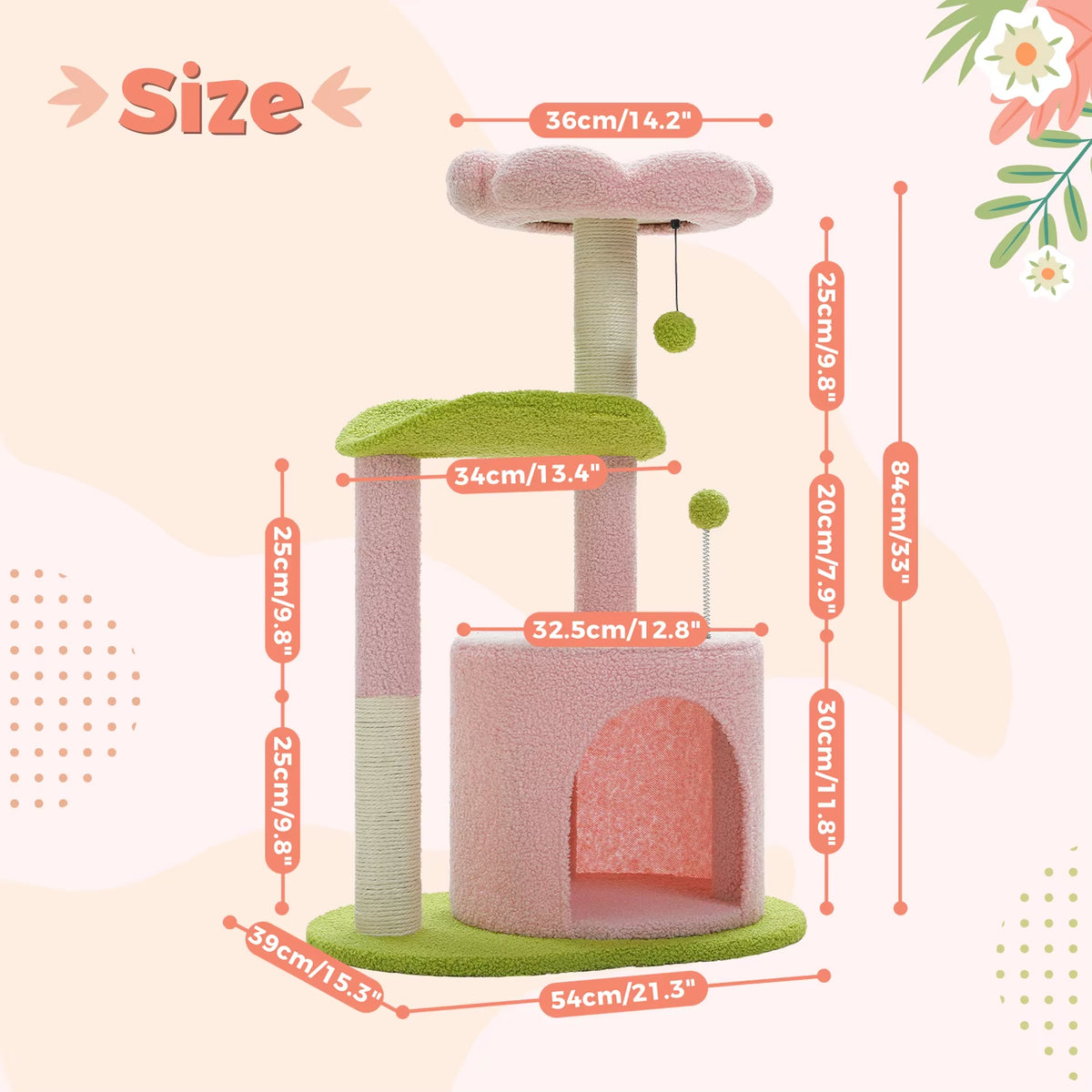 Cactus Cat Tree with Curved Perch Cozy Cat Condo Small Cat Tower with Removable Top Bed Cat Scratching Post for Indoor Cat Toys