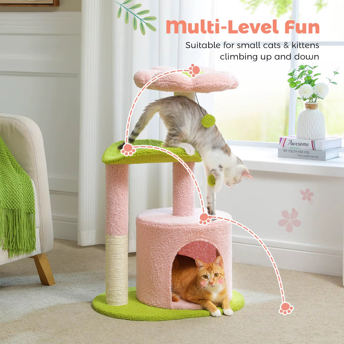 Cactus Cat Tree with Curved Perch Cozy Cat Condo Small Cat Tower with Removable Top Bed Cat Scratching Post for Indoor Cat Toys